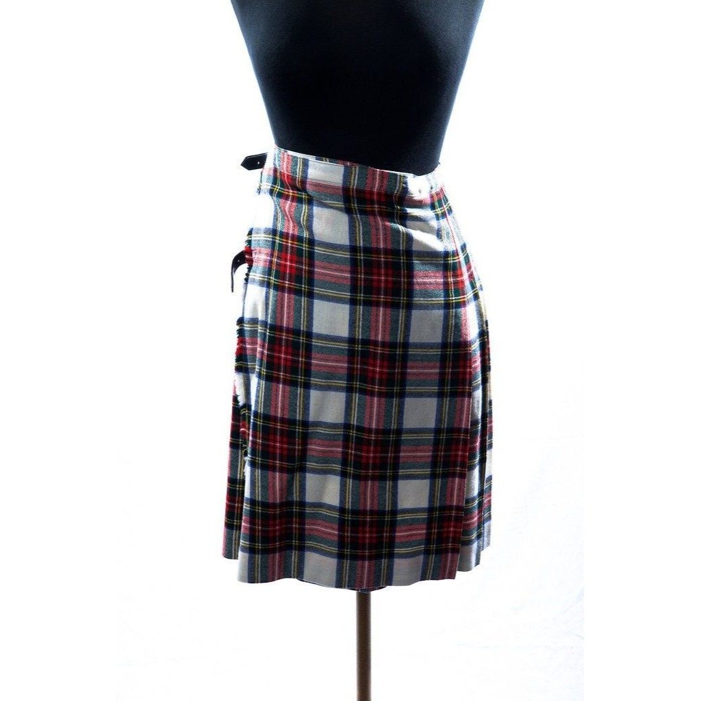 Vintage 1970's The Scotch House Plaid Wool Kilt Skirt White Red Blue Plaid Skirt